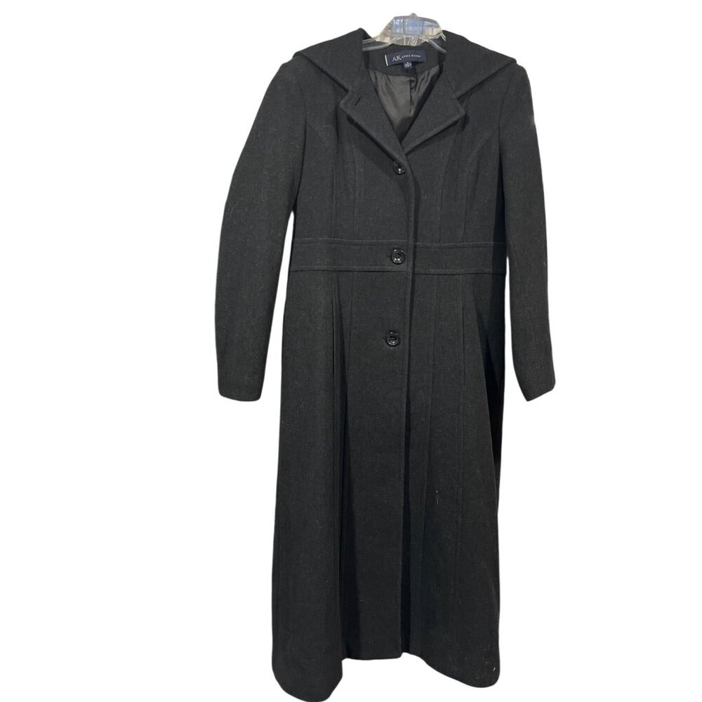Anne Klein Womens Hooded Long Gray Wool Blend Coat Size 10 Button Front DH30